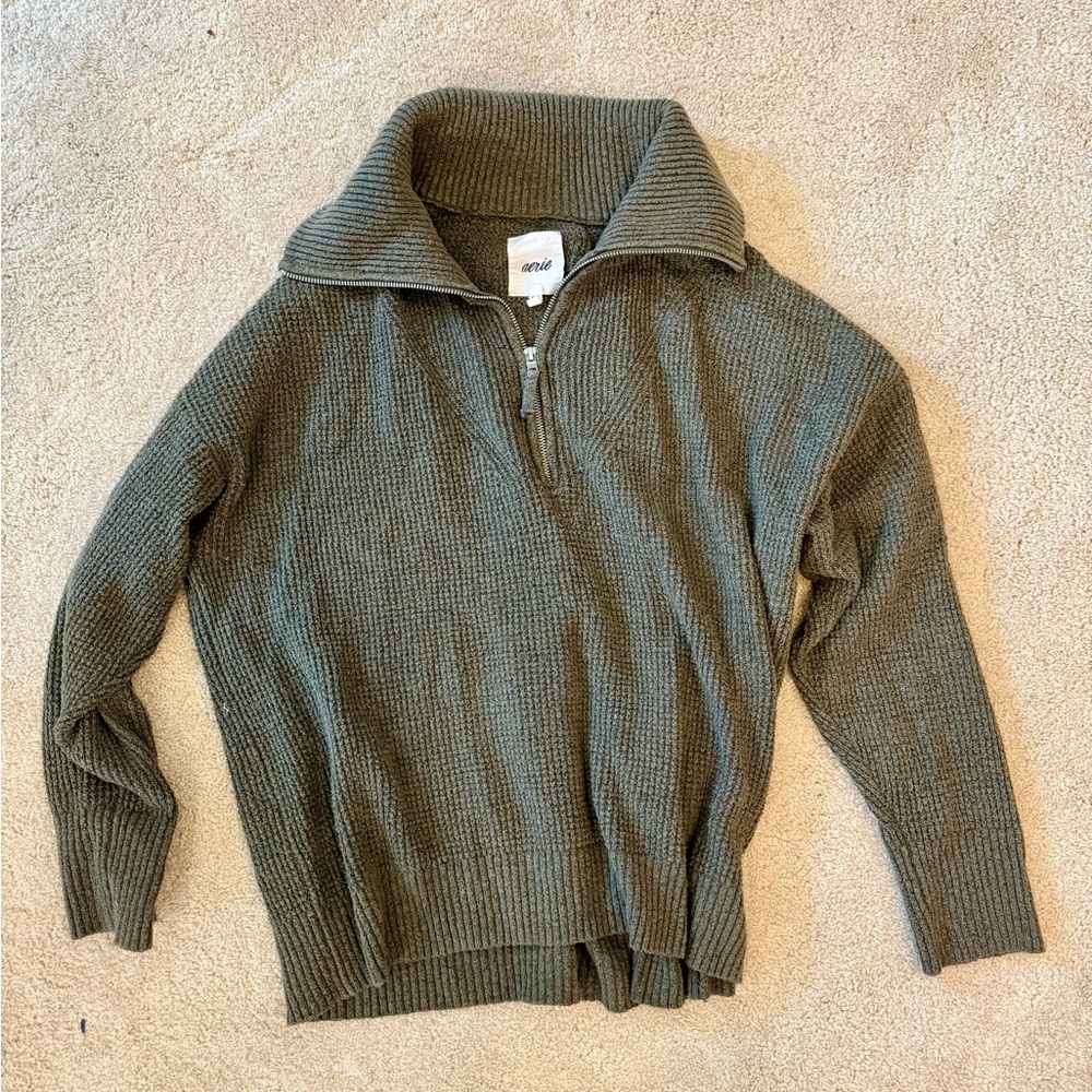 ✨ Aerie CozyUp Women’s Waffle Quarter Zip Sweater — Washed Olive (M)